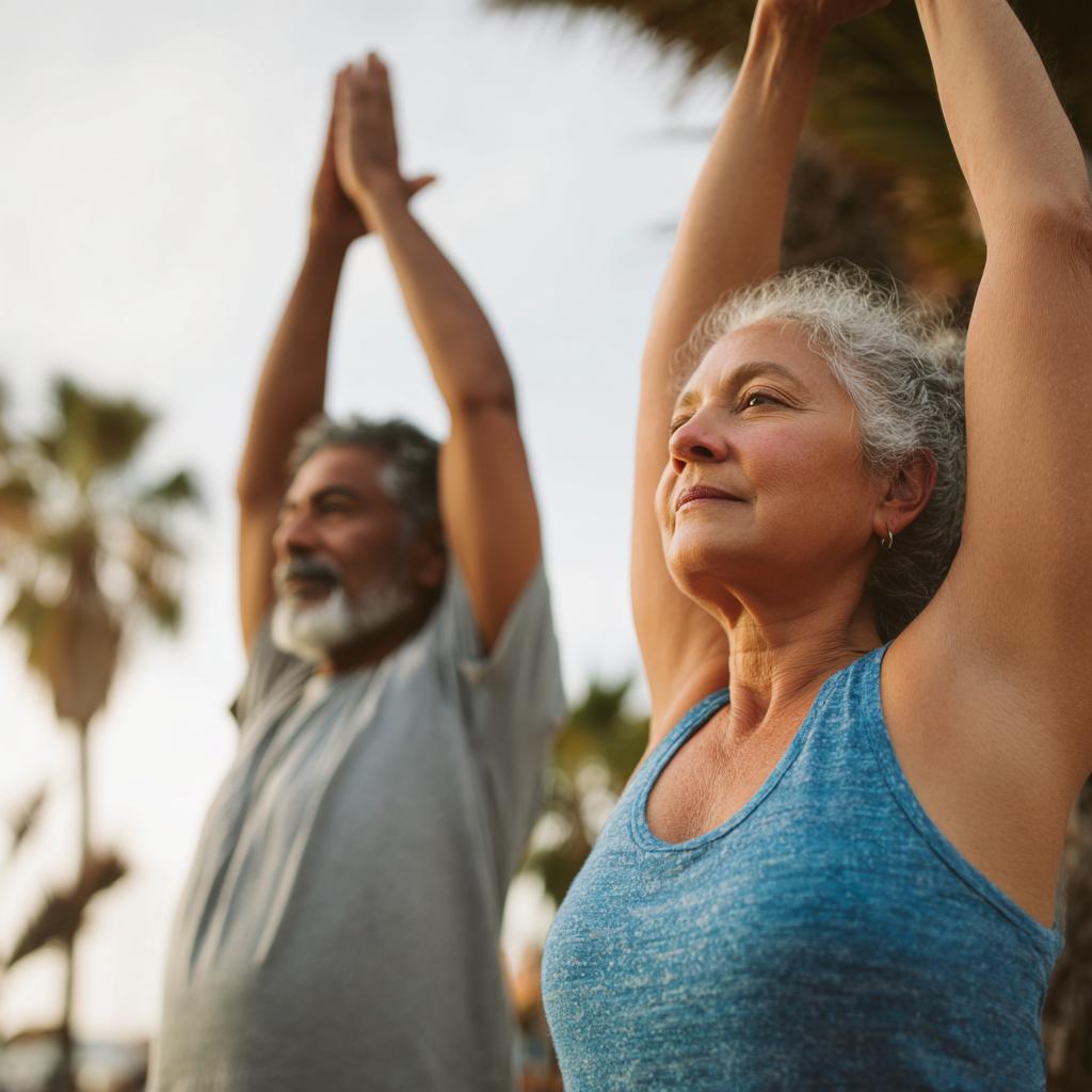 Mature adults practicing yoga outdoors showing strength and flexibility