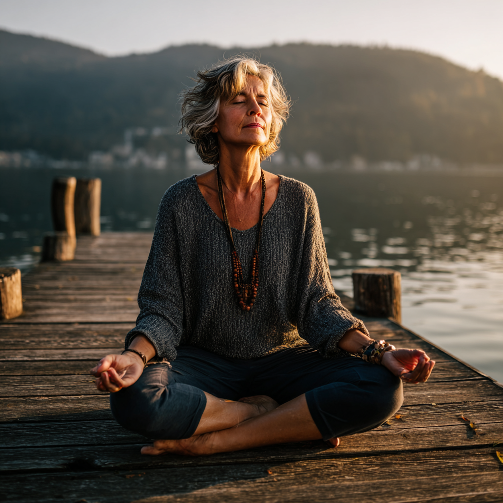 Serene middle-aged woman practicing yoga meditation in peaceful natural setting